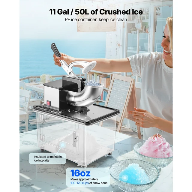 Alt view image 3 of 7 - Commercial Ice Crusher 661LBS/H, 350W Electric Snow Cone Machine with 4 Blades, 2000RPM Stainless Steel Shaved Ice Machine with 11 Gal Crushed-Ice Box, for Family Restaurants Bars, Black