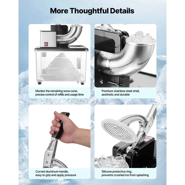 Alt view image 5 of 7 - Commercial Ice Crusher 661LBS/H, 350W Electric Snow Cone Machine with 4 Blades, 2000RPM Stainless Steel Shaved Ice Machine with 11 Gal Crushed-Ice Box, for Family Restaurants Bars, Black