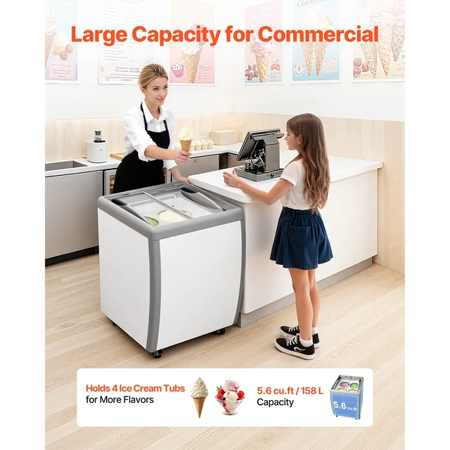Alt view image 3 of 7 - Commercial Ice Cream Display Case, 5.6 Cu.ft Chest Freezer, Restaurant Gelato Dipping Cabinet Top Deep Freezer with Locking Casters, Sliding Glass Door, LED Lighting, Hold 4 Ice Cream Tubs