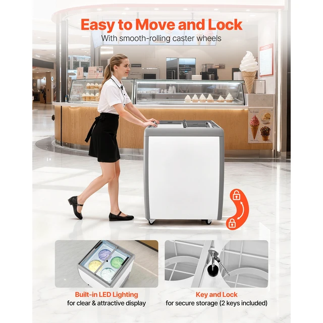 Alt view image 5 of 7 - Commercial Ice Cream Display Case, 5.6 Cu.ft Chest Freezer, Restaurant Gelato Dipping Cabinet Top Deep Freezer with Locking Casters, Sliding Glass Door, LED Lighting, Hold 4 Ice Cream Tubs