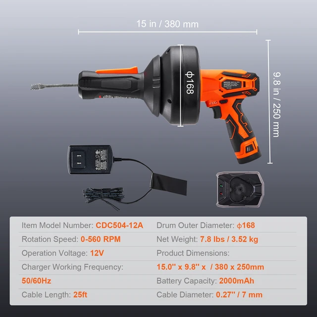 Alt view image 7 of 7 - 12V Electric Drain Auger, 25FT Cordless Plumbing Snake Auto Feed, Pipeline Snake Drain Clog Remover with Power Drill for 3/4"-2" Pipes, 2.0Ah Battery and Charger Included