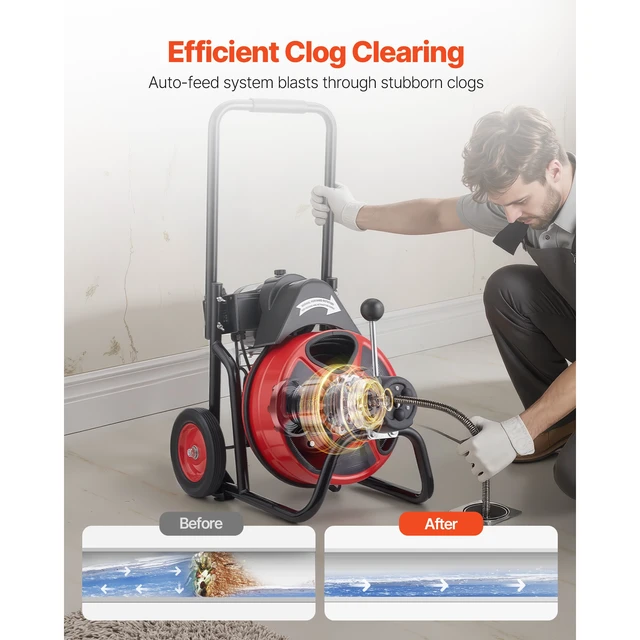 Alt view image 2 of 7 - Drain Cleaner Machine 75 FT x 1/2 Inch, Auto Feed Sewer Snake Auger on Wheels, Portable Drain Cleaning Machine with 4 Cutters & Air-activated Foot Switch for 2" to 6" Pipes
