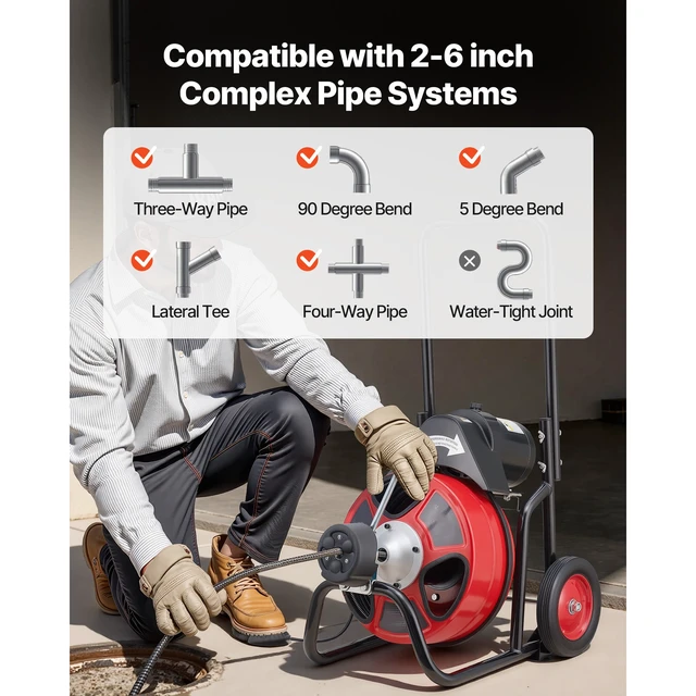 Alt view image 3 of 7 - Drain Cleaner Machine 75 FT x 1/2 Inch, Auto Feed Sewer Snake Auger on Wheels, Portable Drain Cleaning Machine with 4 Cutters & Air-activated Foot Switch for 2" to 6" Pipes