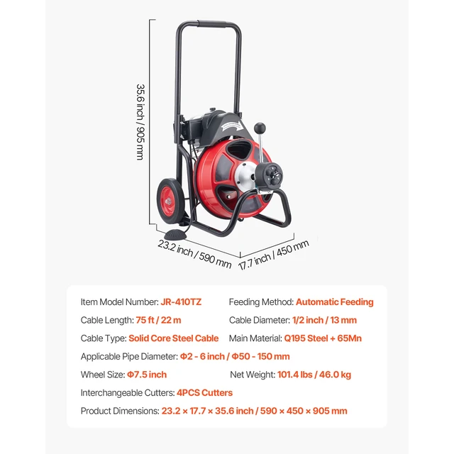 Alt view image 7 of 7 - Drain Cleaner Machine 75 FT x 1/2 Inch, Auto Feed Sewer Snake Auger on Wheels, Portable Drain Cleaning Machine with 4 Cutters & Air-activated Foot Switch for 2" to 6" Pipes