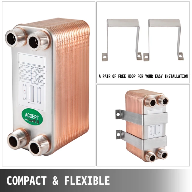 Alt view image 6 of 7 - Heat Exchanger 3\"x7.5\" 40 Plates Brazed Plate Heat Exchanger 316L 3/4\" MPT Heat Exchanger B3-12A Beer Wort Chiller for Hydronic Heating