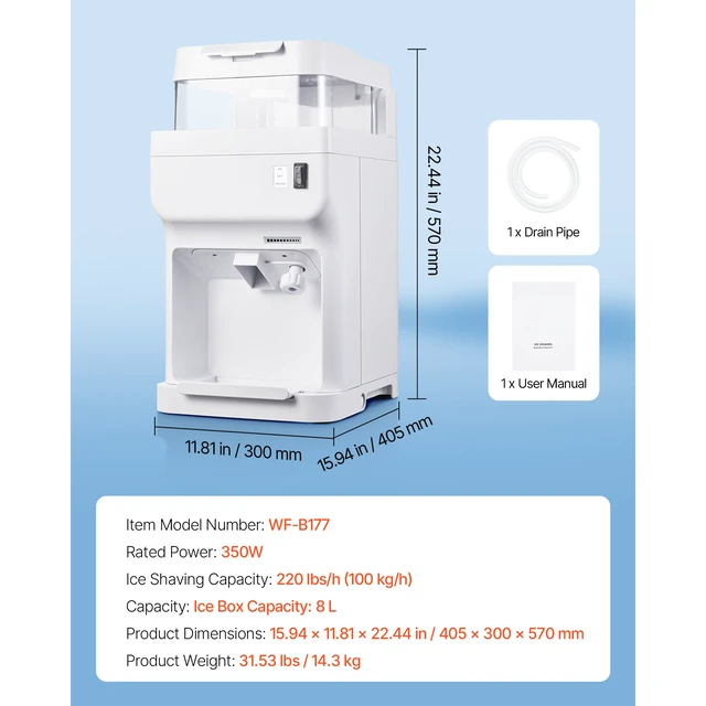 Alt view image 7 of 7 - Commercial Ice Shaver Crusher, 220lbs Per Hour Electric Snow Cone Maker with 8L Ice Cube Box, 350W 1500RPM Tabletop Shaved Ice Machine for Parties Events Bar, Home and Commercial Use (White)