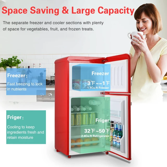 Alt view image 2 of 7 - 3.5Cu.Ft Compact Refrigerator Mini Fridge with Freezer, Small Refrigerator with 2 Door, 7 Level Thermostat Removable Shelves for Kitchen, Dorm, Apartment, Bar, Office, Red