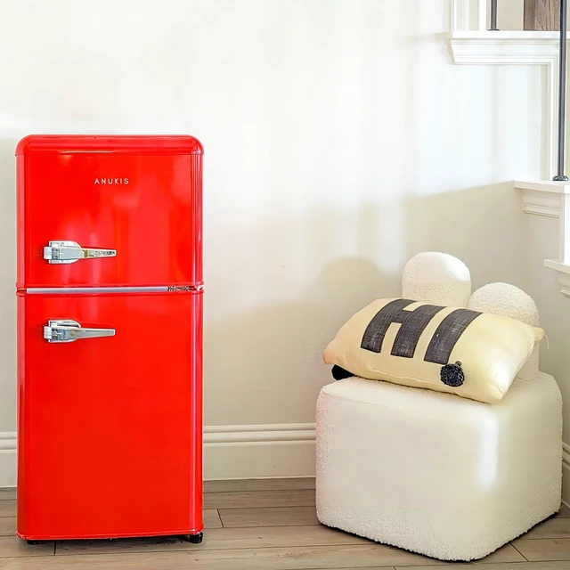Alt view image 6 of 7 - 3.5Cu.Ft Compact Refrigerator Mini Fridge with Freezer, Small Refrigerator with 2 Door, 7 Level Thermostat Removable Shelves for Kitchen, Dorm, Apartment, Bar, Office, Red