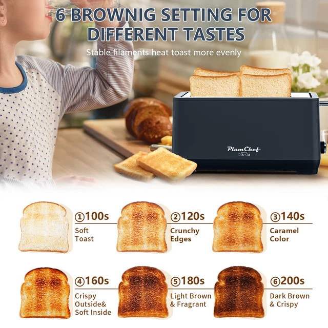 Alt view image 2 of 7 - 4-Slice Toaster, Extra Wide Long Slot Toaster with Warming Rack, 6 Browning Settings, Bagel/Defrost/Reheat Functions, Removable Crumb Tray, Stainless Steel Housing 1500W, Matte Blue