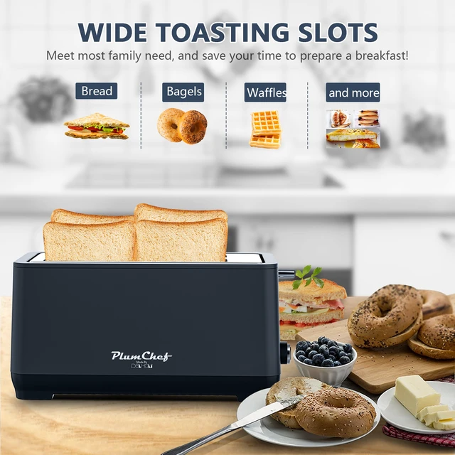Alt view image 5 of 7 - 4-Slice Toaster, Extra Wide Long Slot Toaster with Warming Rack, 6 Browning Settings, Bagel/Defrost/Reheat Functions, Removable Crumb Tray, Stainless Steel Housing 1500W, Matte Blue