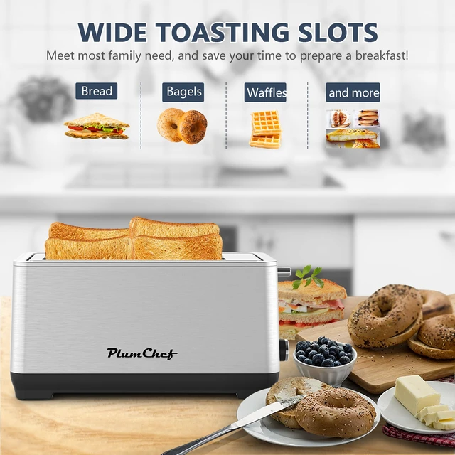 Alt view image 4 of 7 - 4-Slice Extra Wide Long Slot Toaster ,Stainless Steel , Removable Crumb Tray, 6 Browning Settings & Bagel/Defrost/Reheat Functions,stainless steel 1500W