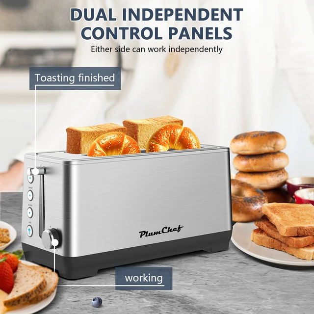 Alt view image 5 of 7 - 4-Slice Extra Wide Long Slot Toaster ,Stainless Steel , Removable Crumb Tray, 6 Browning Settings & Bagel/Defrost/Reheat Functions,stainless steel 1500W