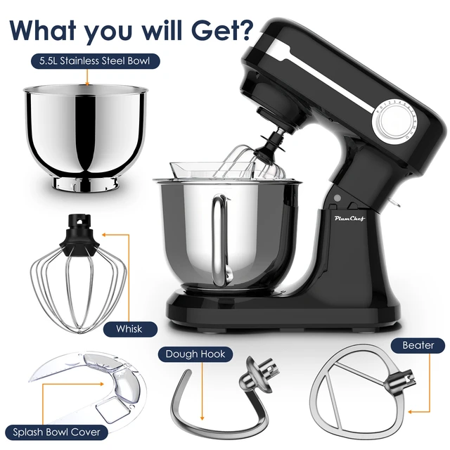 Alt view image 6 of 7 - Plum Chef 5.5QT Electric Stand Mixer, 12-Speed Tilt-Head Food Mixer, Dough Mixer with Dishwasher Safe Stainless Steel Bowl, Dough Hook, Flat Beater, Whisk, Splash Guard, Black