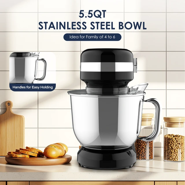 Alt view image 4 of 7 - Plum Chef 5.5QT Electric Stand Mixer, 12-Speed Tilt-Head Food Mixer, Dough Mixer with Dishwasher Safe Stainless Steel Bowl, Dough Hook, Flat Beater, Whisk, Splash Guard, Black