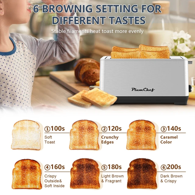 Alt view image 7 of 7 - 4-Slice Extra Wide Long Slot Toaster ,Stainless Steel , Removable Crumb Tray, 6 Browning Settings & Bagel/Defrost/Reheat Functions,stainless steel 1500W