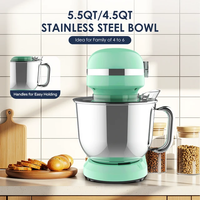 Alt view image 5 of 7 - 5.5QT/4.5QT Dual Bowls Electric Stand Mixer, 12-Speed Tilt-Head Food Mixer, 350W Dough Mixer with Dishwasher Safe Stainless Steel Bowls, Dough Hook, Flat Beater, Whisk, Splash Guard, Mint Green