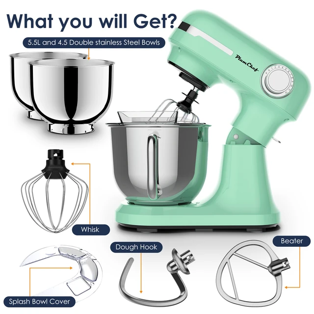 Alt view image 6 of 7 - 5.5QT/4.5QT Dual Bowls Electric Stand Mixer, 12-Speed Tilt-Head Food Mixer, 350W Dough Mixer with Dishwasher Safe Stainless Steel Bowls, Dough Hook, Flat Beater, Whisk, Splash Guard, Mint Green