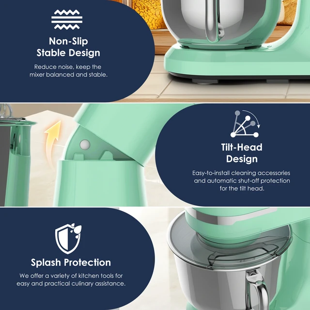 Alt view image 7 of 7 - 5.5QT/4.5QT Dual Bowls Electric Stand Mixer, 12-Speed Tilt-Head Food Mixer, 350W Dough Mixer with Dishwasher Safe Stainless Steel Bowls, Dough Hook, Flat Beater, Whisk, Splash Guard, Mint Green