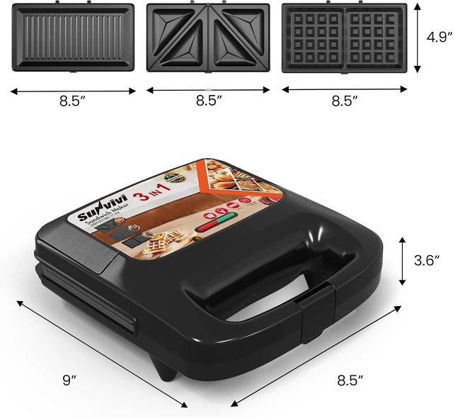 Alt view image 2 of 7 - 3 in 1 Electric Sandwich Maker with Removable Nonstick Plates - 800W,Black