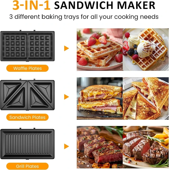 Alt view image 7 of 7 - 3 in 1 Electric Sandwich Maker with Removable Nonstick Plates - 800W,Black