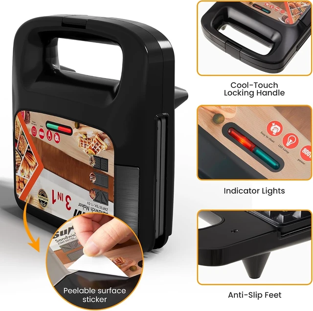 Alt view image 3 of 7 - 3 in 1 Electric Sandwich Maker with Removable Nonstick Plates - 800W,Black