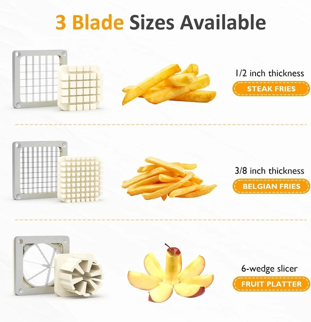 Alt view image 3 of 7 - Commercial French Fry Cutter, Heavy Duty Potato Slicer with 3 Replaceable blades (1/2, 3/8 Inch, 6-wedge Slicer), Professional Fries Cutter for Restaurant & Home Kitchen, Stainless Steel
