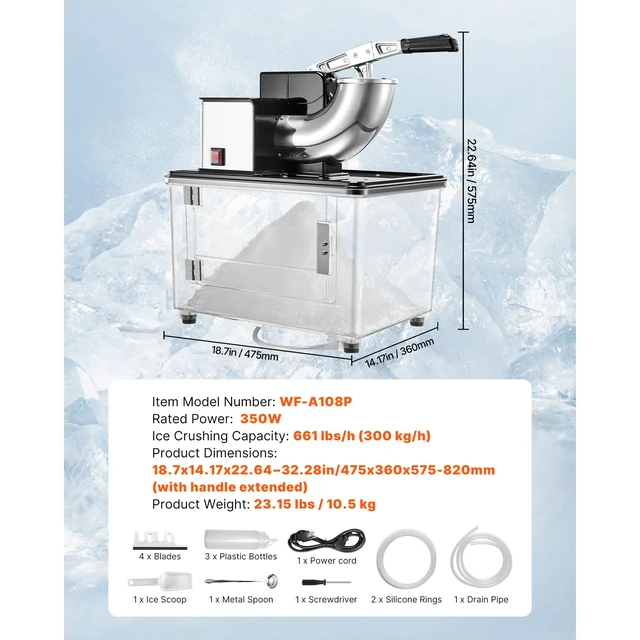 Alt view image 7 of 7 - Commercial Ice Crusher 661LBS/H, 350W Electric Snow Cone Machine with 4 Blades, 2000RPM Stainless Steel Shaved Ice Machine with 11 Gal Crushed-Ice Box, for Family Restaurants Bars, Black