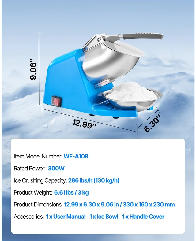 Alt view image 7 of 7 - Ice Crusher Machine, 286lbs Per Hour Electric 4 Blades Snow Cone Maker, Stainless Steel Shaved Ice Machine with Bowl and Cover, 300W 2000RPM Ice-Shaver for Home and Commercial Use, Blue