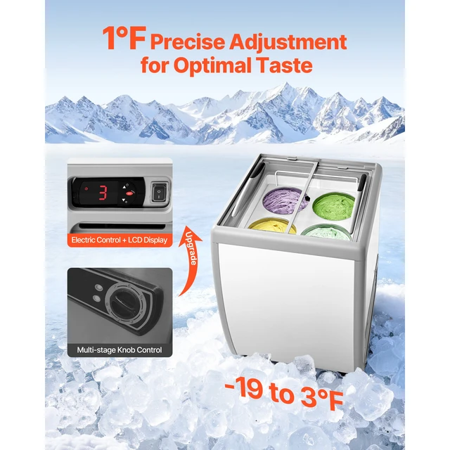 Alt view image 2 of 7 - Commercial Ice Cream Display Case, 5.6 Cu.ft Chest Freezer, Restaurant Gelato Dipping Cabinet Top Deep Freezer with Locking Casters, Sliding Glass Door, LED Lighting, Hold 4 Ice Cream Tubs