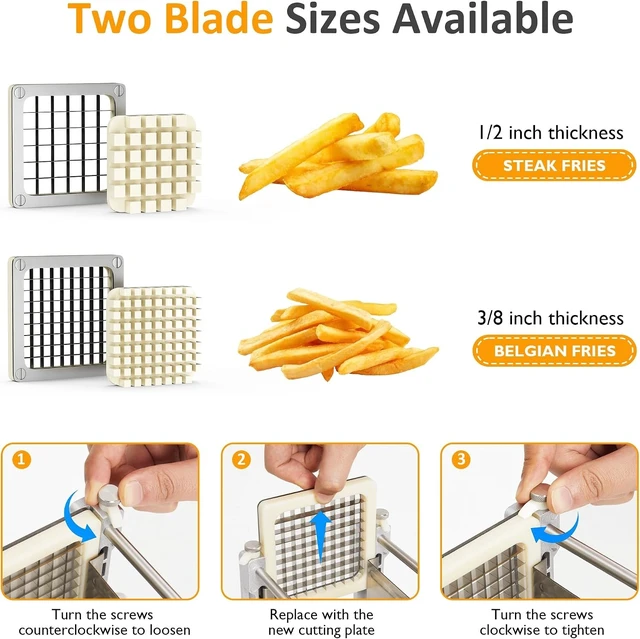 Alt view image 5 of 7 - French Fry Cutter Stainless Steel Potato Slicer : with 2 Replaceable blades (1/2 & 3/8 Inch), Professional Fries Cutter for Potatoes, Carrots, Cucumber, Onion, Yam