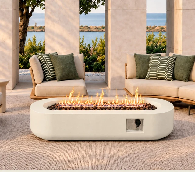 Main image of 60 inch Outdoor Propane Fire Pit Table 60000BTU Oval Concrete Fire Pit Coffee Table fire pit table with lid BEIGE