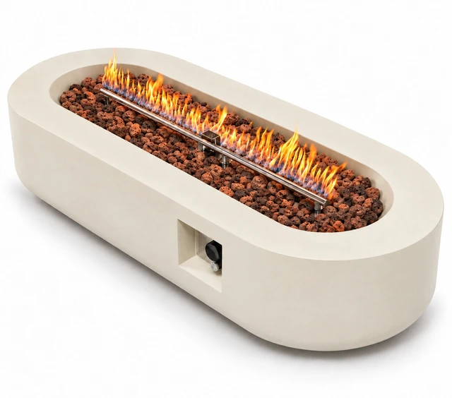 Alt view image 2 of 5 - 60 inch Outdoor Propane Fire Pit Table 60000BTU Oval Concrete Fire Pit Coffee Table fire pit table with lid BEIGE