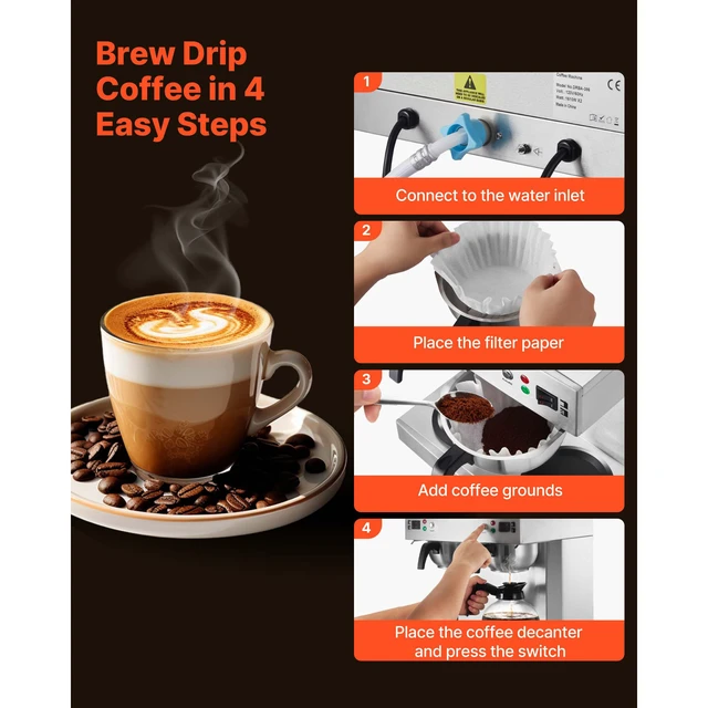 Alt view image 3 of 7 - Commercial Drip Coffee Maker, 24 Cups Coffee-Maker Machine with 4 Glass Carafes and 4 Decanter Warmer Plates, Stainless Steel Dual-Head Coffee Brewer, for Restaurant, Office, Coffee Shop & Home