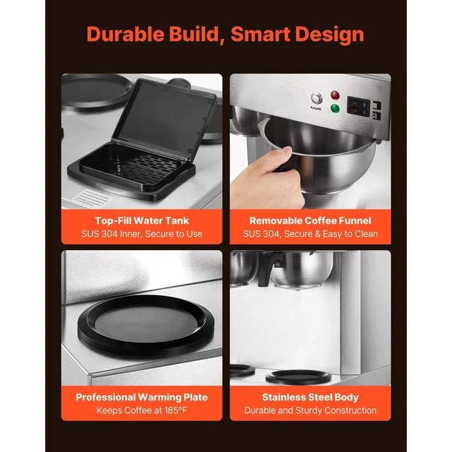 Alt view image 2 of 7 - Commercial Drip Coffee Maker, 24 Cups Coffee-Maker Machine with 4 Glass Carafes and 4 Decanter Warmer Plates, Stainless Steel Dual-Head Coffee Brewer, for Restaurant, Office, Coffee Shop & Home
