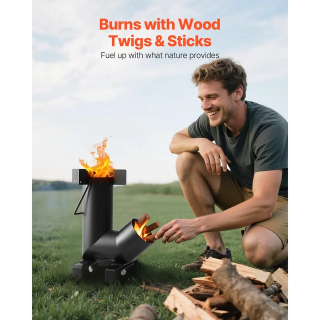 Alt view image 4 of 7 - Camping Rocket Stove, Wood Burning Portable Rocket Stove with Carrying Bag for Backpacking, Carbon Steel, Burn Wood, Twigs or Sticks for Outdoor Cooking, Backyard, Camp Cooking, Heating, Black