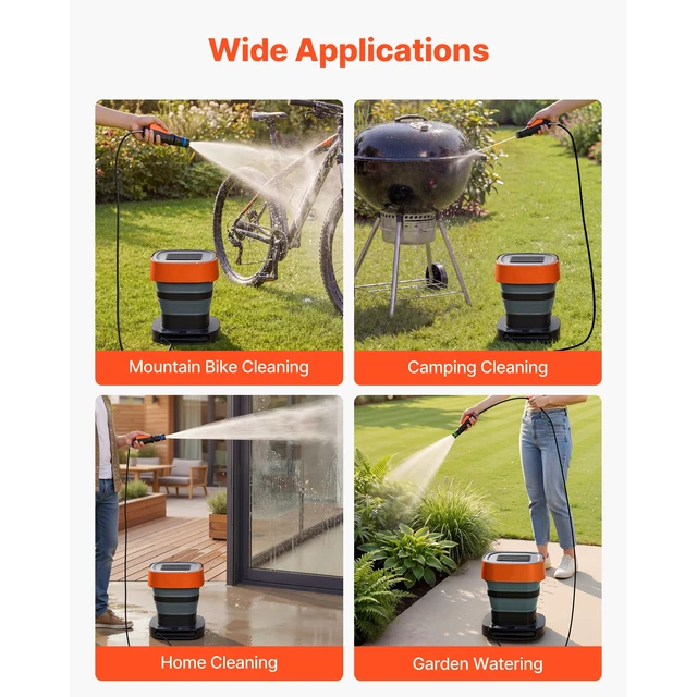 Alt view image 5 of 7 - Portable Cordless Pressure Washer with 2.64 Gal Tank, Foldable Power Washer 109 Max PSI, 3 Nozzles, Magnetic Sponge Brush & Soft Bristle Brush,78.7 in Hose, for Bike Cleaning, Patio, Camping