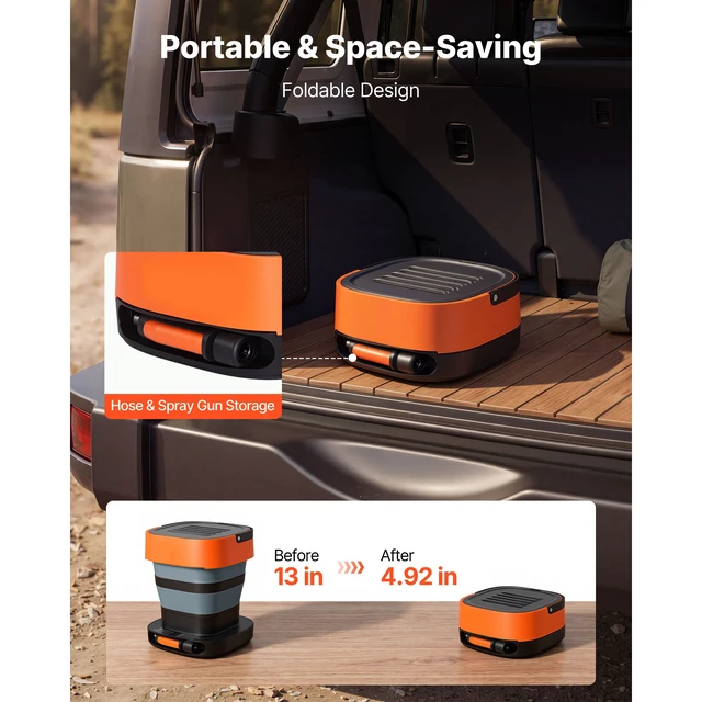 Alt view image 7 of 7 - Portable Cordless Pressure Washer with 2.64 Gal Tank, Foldable Power Washer 109 Max PSI, 3 Nozzles, Magnetic Sponge Brush & Soft Bristle Brush,78.7 in Hose, for Bike Cleaning, Patio, Camping