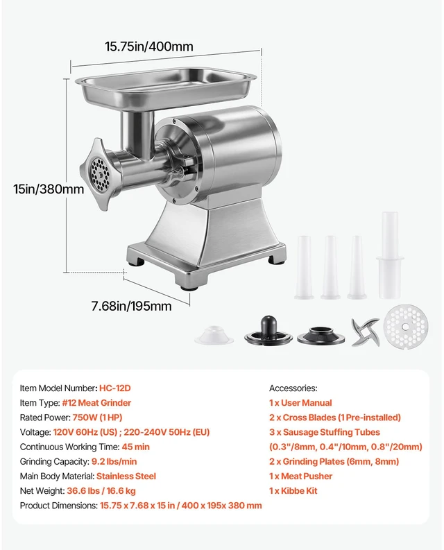Alt view image 3 of 7 - Commercial Meat Grinder, 9.2 Lbs/Min Capacity, #12 Electric Meat Mincer with 2 Plates, 3 Sausage Stuffing Tubes & Kibbe Kit, 750W/1HP Sausage Maker for Home Kitchens & Restaurants, ETL Listed