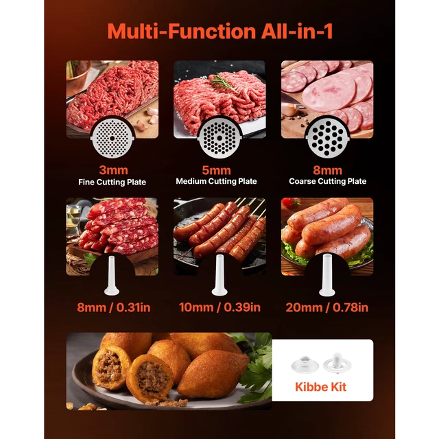 Alt view image 3 of 7 - Electric Meat Grinder, 5 Lbs/Min Capacity, #8 Meat Mincer with 3 Grinding Plates, 3 Sausage Stuffing Tubes & Kubbe Kit, 700W/0.77HP Sausage Stuffer Maker for Home Kitchens, ETL Listed