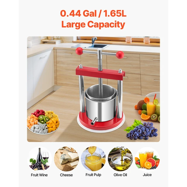 Alt view image 6 of 7 - 0.44 Gal/1.65L Fruit Wine Press, 2 Stainless Steel Barrels, Manual Juice Maker, Cider Apple Grape Tincture Honey Olive Oil Making Press with T-Handle for Outdoor Kitchen Home