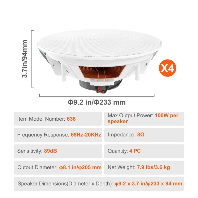 Alt view image 7 of 7 - 4 PCs 8 Inch in Ceiling Speakers, 100-Watts, Flush Mount Ceiling & in-Wall Speakers System with 8Impedance 89dB Sensitivity, for Home Kitchen Living Room Bedroom or Covered Outdoor Porches