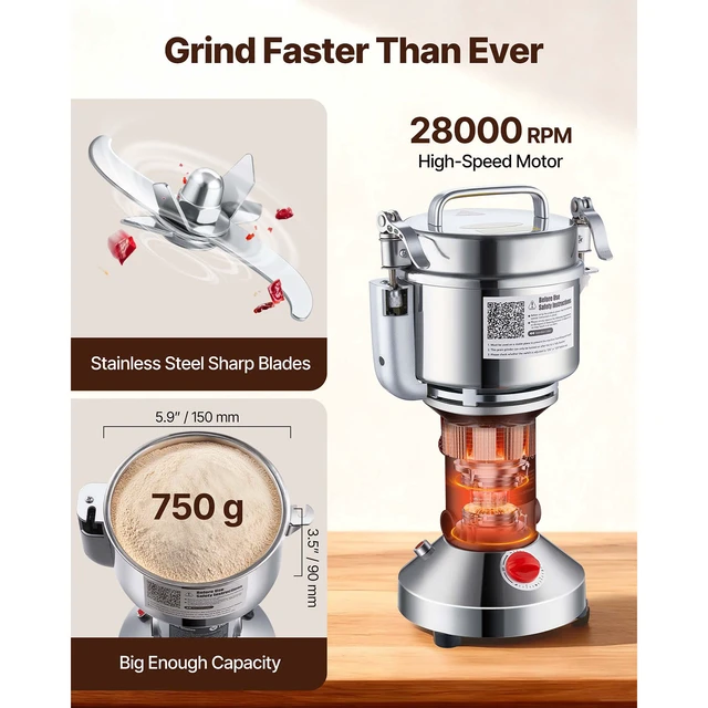 Alt view image 4 of 7 - 750g Electric Grain Mill Grinder, High Speed 2000W Commercial Spice Grinders, Stainless Steel Pulverizer Powder Machine, for Dry Grains Spices Cereals Coffee Corn Pepper, Straight Type