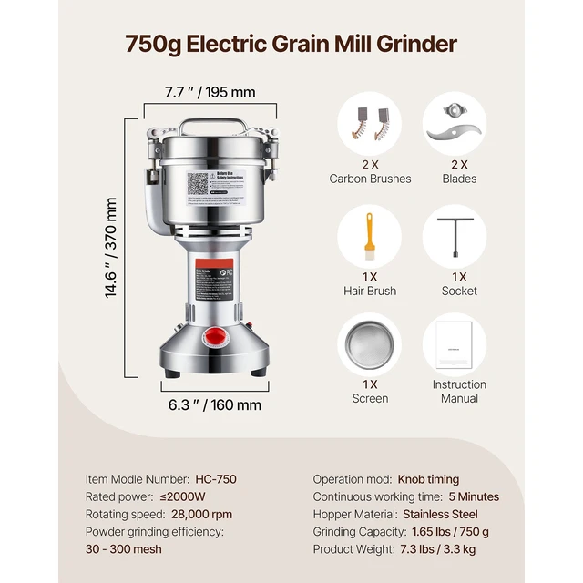 Alt view image 7 of 7 - 750g Electric Grain Mill Grinder, High Speed 2000W Commercial Spice Grinders, Stainless Steel Pulverizer Powder Machine, for Dry Grains Spices Cereals Coffee Corn Pepper, Straight Type