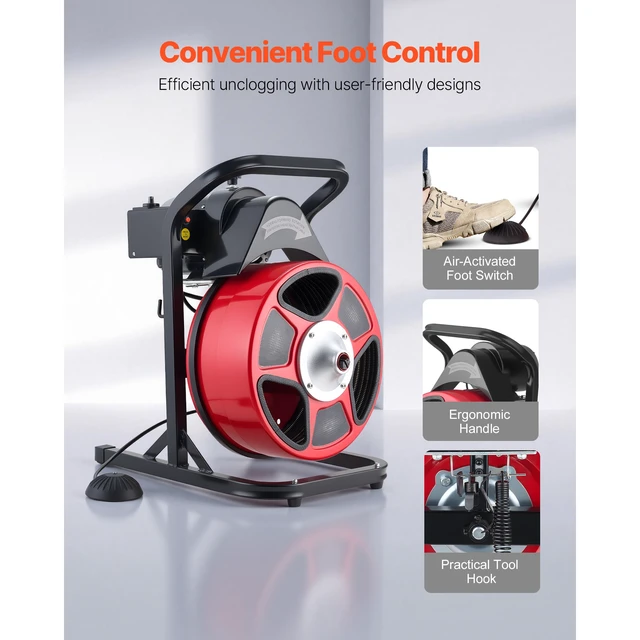 Alt view image 6 of 7 - Drain Cleaner Machine 50 FT x 1/2 Inch, Manual Feed Sewer Snake Auger with 4 Cutters & Air-Activated Foot Switch for 2" to 6" Pipes