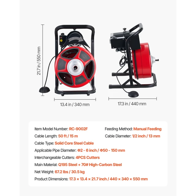 Alt view image 7 of 7 - Drain Cleaner Machine 50 FT x 1/2 Inch, Manual Feed Sewer Snake Auger with 4 Cutters & Air-Activated Foot Switch for 2" to 6" Pipes