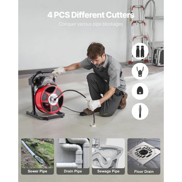 Alt view image 5 of 7 - Drain Cleaner Machine 50 FT x 1/2 Inch, Manual Feed Sewer Snake Auger with 4 Cutters & Air-Activated Foot Switch for 2" to 6" Pipes