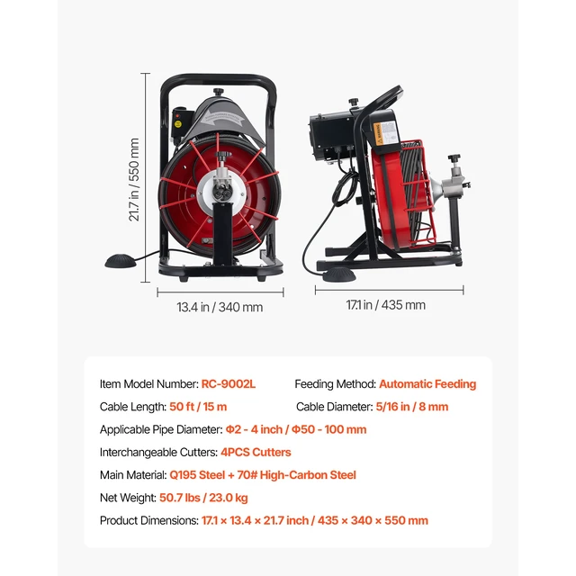 Alt view image 7 of 7 - Drain Cleaner Machine 50 FT x 5/16 Inch, Auto Feed Sewer Snake Auger with 4 Cutters & Air-Activated Foot Switch for 2" to 4" Pipes