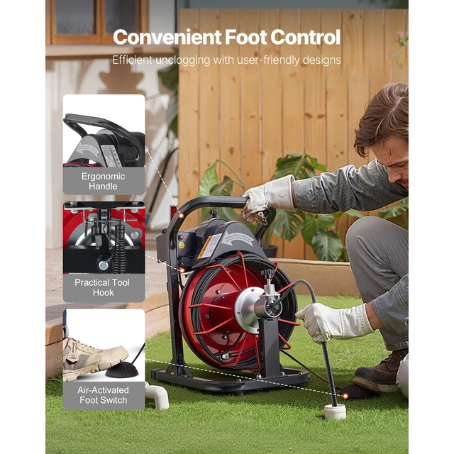 Alt view image 6 of 7 - Drain Cleaner Machine 50 FT x 5/16 Inch, Auto Feed Sewer Snake Auger with 4 Cutters & Air-Activated Foot Switch for 2" to 4" Pipes