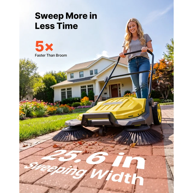 Alt view image 2 of 7 - Walk-Behind Hand Push Floor Sweeper, Manual Floor Sweeper Non-Electric with 25.6" Sweeping Width, 5 Gallons Waste Container & Adjustable Folding Handle for Yards Walkways Patios Garages - Yellow