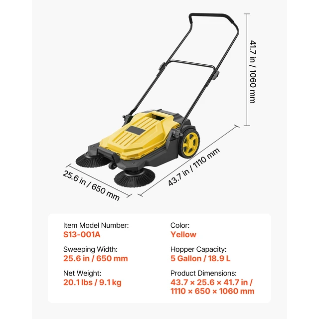 Alt view image 7 of 7 - Walk-Behind Hand Push Floor Sweeper, Manual Floor Sweeper Non-Electric with 25.6" Sweeping Width, 5 Gallons Waste Container & Adjustable Folding Handle for Yards Walkways Patios Garages - Yellow